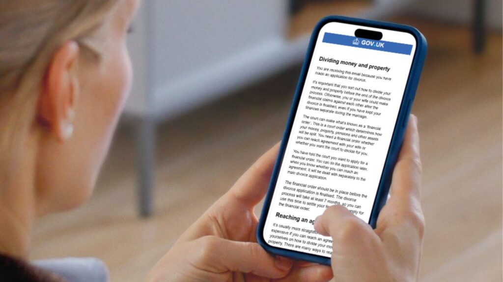 Person viewing GOV.UK divorce email explaining financial orders and financial claims after divorce.