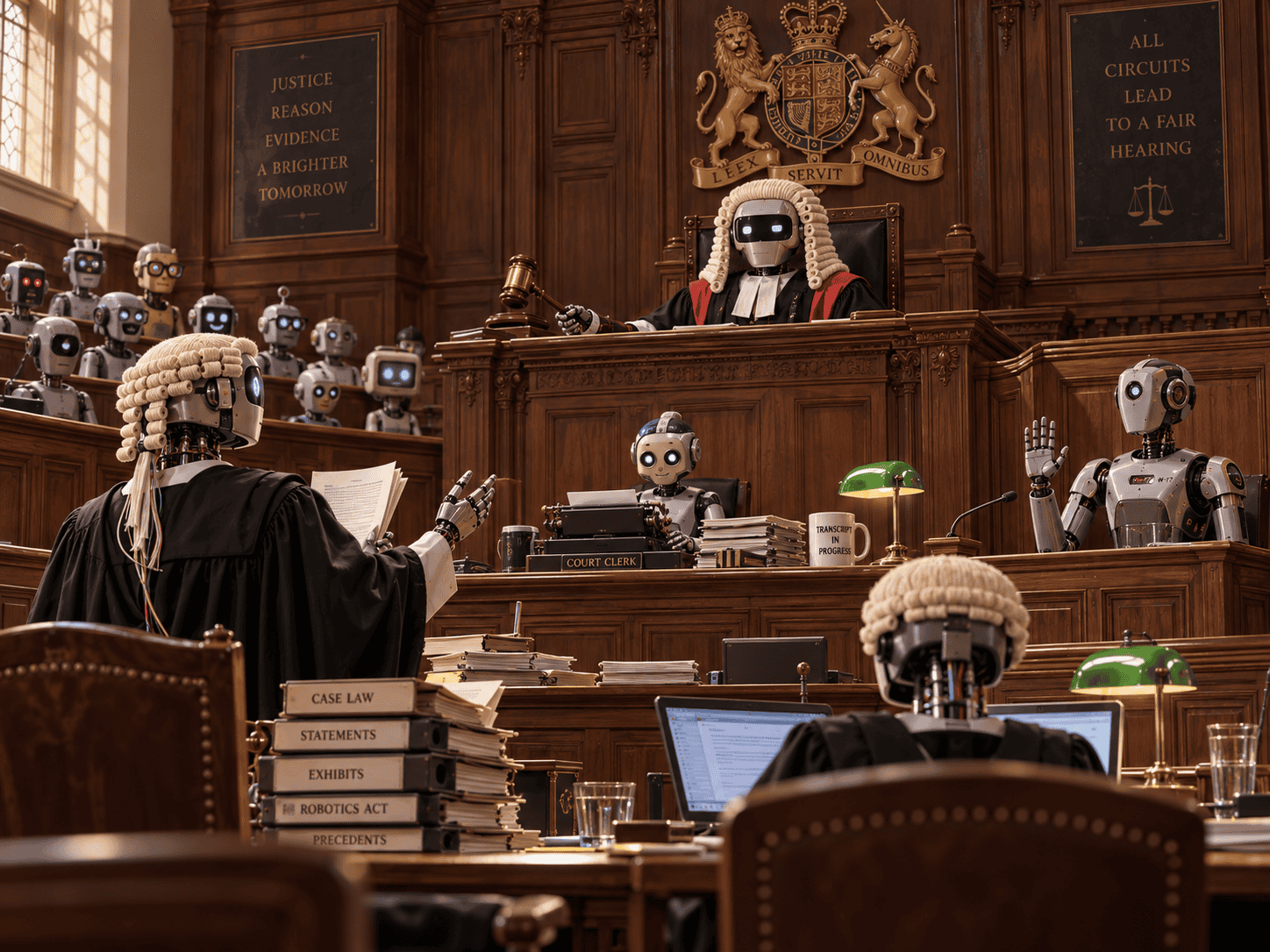 AI robots acting as judges and solicitors in a courtroom, illustrating the risks of using ChatGPT to draft divorce consent orders.