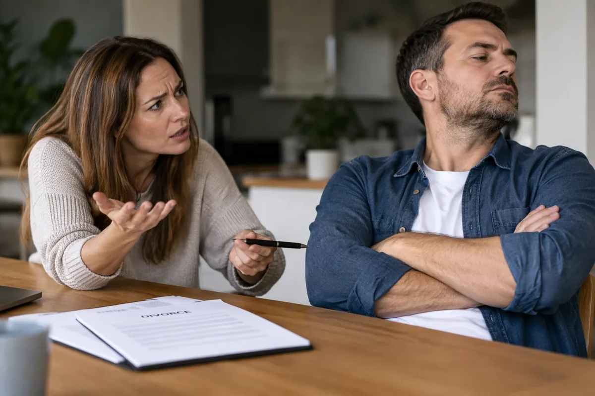 Frustrated woman holding divorce papers while her husband sits with folded arms, refusing to cooperate.
